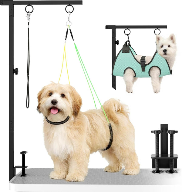 MHACVVO Dog Grooming Table Arm, 31.5"-43.3" Adjustable Pet Stand with Hammock & Clips