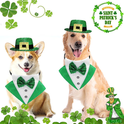 2 PCS St. Patrick's Day Dog Costume Bandana and Top Hat, Green Bow Tie Tux Clothes for Dogs and Cats (Large).