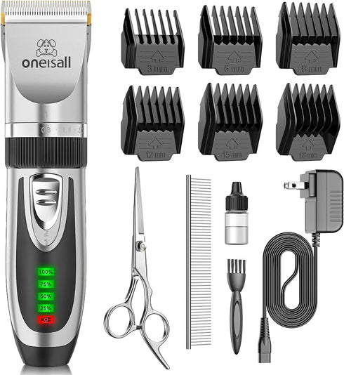 oneisall Low Noise Dog Clippers, 2-Speed Rechargeable Cordless Grooming Kit for Small and Large Dogs (Silver)