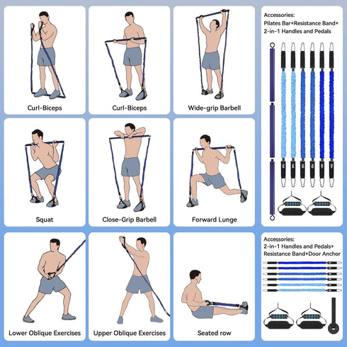 Hommie Portable Pilates Bar Kit with Resistance Bands for Men and Women, Upgraded 3 Section Bar for Home Gym