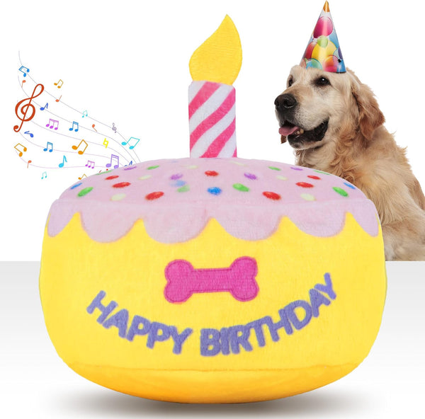 Dog Birthday Cake Toy 5.9", Larger Plush Dog Gift with Electronic Music