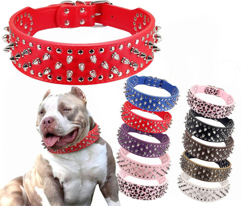 Hoot PU Leather Adjustable Spiked Studded Dog Collar - 2" Wide with 43 Spikes (L, Neck 21"-24", Red)