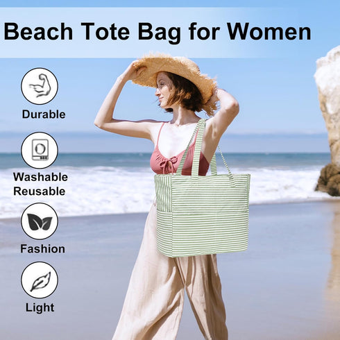 LEDAOU Large Waterproof Beach Tote Bag for Women, Sandproof Zipper Tote for Pool Gym Grocery Travel with Wet Pocket