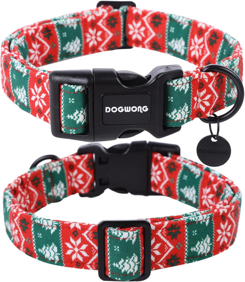 DOGWONG Christmas Cotton Dog Collar, Red Green Stripe Christmas Dog Collar Durable Soft Fabric Pet Dog Collar Cute Red Puppy Necklace for Small Medium Large Dog