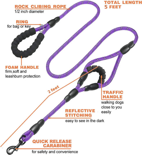 Dog Leash,5 FT Heavy Duty Double Handle Dog Leash with Comfortable Padded and Reflective,Rope Dog Leashes for Small,Medium,Large Dogs (Rope-Purple)