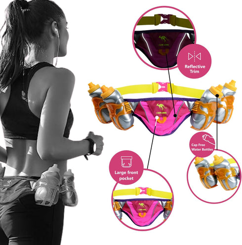 Hydration Running Belt with 4 BPA Free Water Bottles, Fits iPhone 8, X & Similar Phones, Reflective Gear