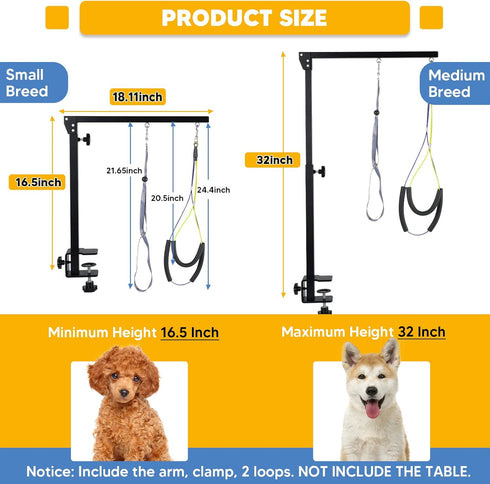 Adjustable Dog Grooming Arms with Anti-Slip Metal Clamp, Portable Arm for Table with 1 Loop Noose for Dogs/Cats