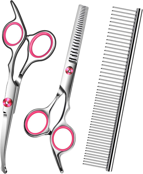 Pink Dog Grooming Scissors Kit with Safety Round Tip, Includes Thinning & Curved Scissors and Comb for Dogs & Cats