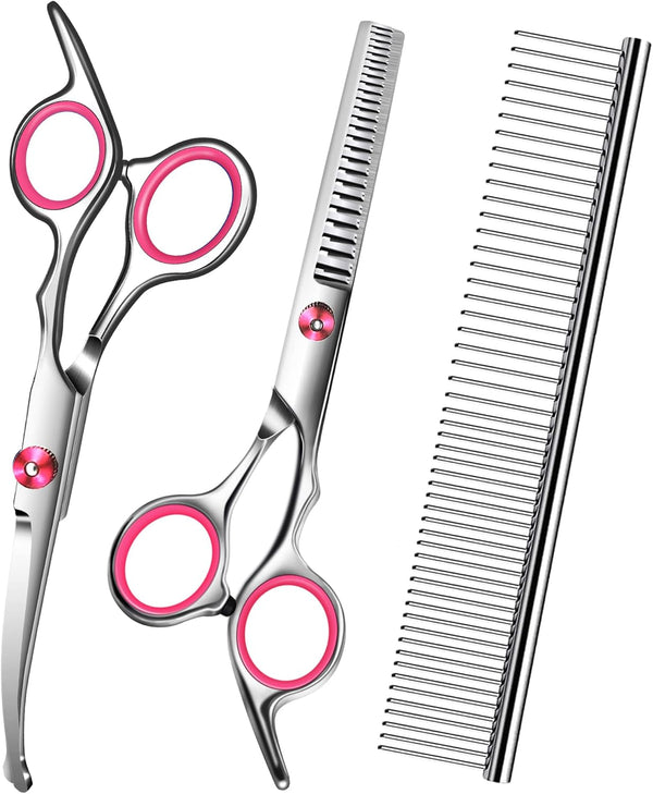 Pink Dog Grooming Scissors Kit with Safety Round Tip, Includes Thinning & Curved Scissors and Comb for Dogs & Cats
