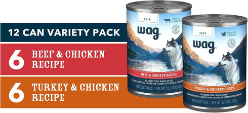Pack 12.5 oz (Pack 12) Amazon Brand - Wag Pate Wet Dog Food Variety (Beef & Chicken / Turkey & Chicken), Made