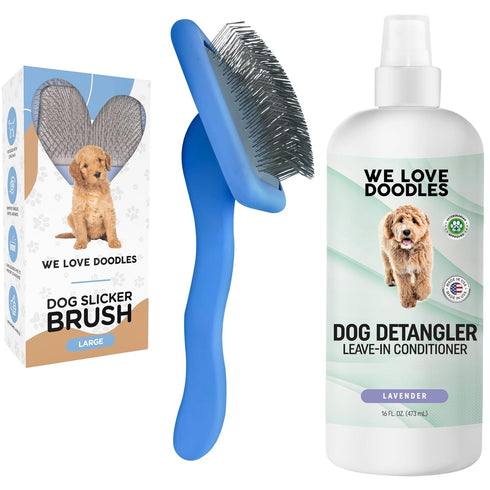 Pack 16 oz We Love Doodles Large Slicker Brush & Lavender Detangler Spray - for Long-Haired Dogs, Dog Leave