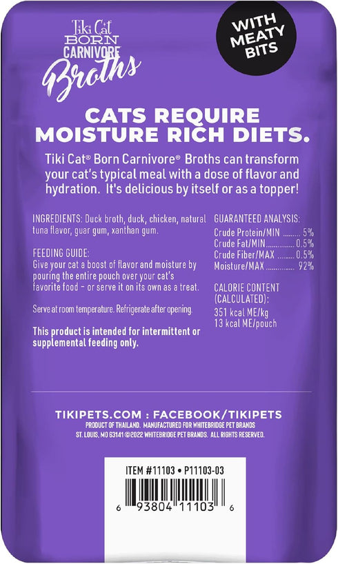 Tiki Cat Born Carnivore Broths, Duck & Chicken Recipe, Hydration and Flavor Supplement Cat Food Topper, 1.3 oz. Pouch (Pack of 12)