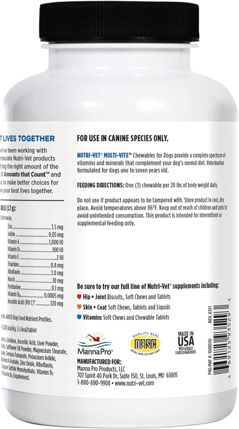 Immune 180 Count Nutri-Vet Multi-Vite Chewables for Adult Dogs, Daily Multivitamin & Mineral Supplement for Overall