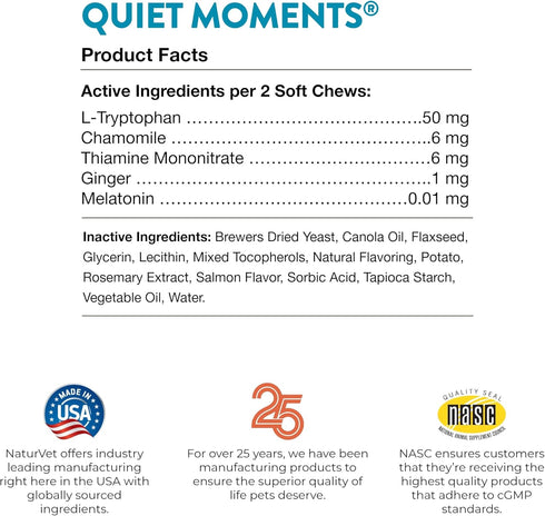 NaturVet Quiet Moments Calming Aid Cat Supplement Plus Melatonin - Reduces Stress in Cats, 50 Ct. Soft Chews