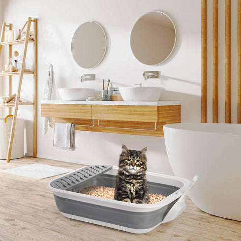 17.7'' Tlence Collapsible Small Cat Litter Box, Open Foldable Kittens Potty with Scoop, Shallow Anti Splash Travel Cat