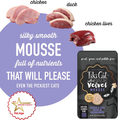 Tiki Cat After Dark Velvet Mousse, Chicken & Duck Recipe in Chicken Broth, 2.8 oz. Pouch (Pack of 12)