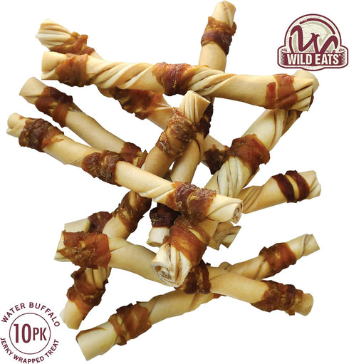 10 Pack Wild Eats Water Buffalo Jerky Wrapped Cheek Twist Dog Chews - (Healthy Alternative for Beef Rawhides for Dogs