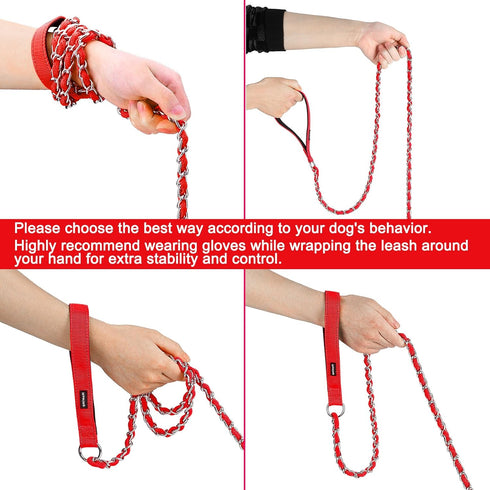 Homimp Reflective Chain Dog Leash, Chew Proof Metal Leash for Large Dogs, 6 FT with Soft Padded Handle (Red)