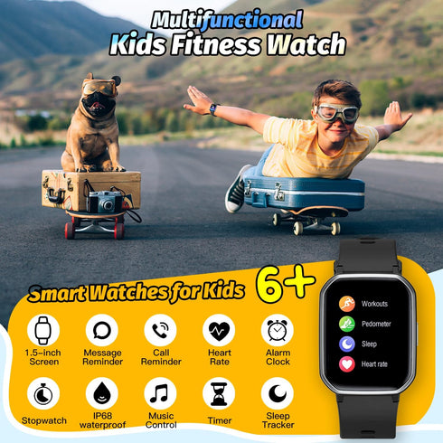 Kids Smart Watch for Girls, IP68 Waterproof Fitness Tracker, 1.5 Inch DIY Face, Heart Rate, 19 Sport Modes (Black)