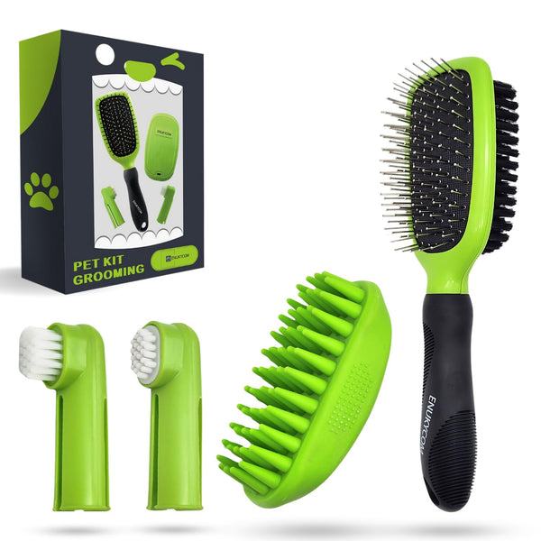 Pet Grooming Brush Set for Short/Long Haired Dogs, Cats – 4-Piece Kit with Double-Sided Pin Brush & Bath Brush