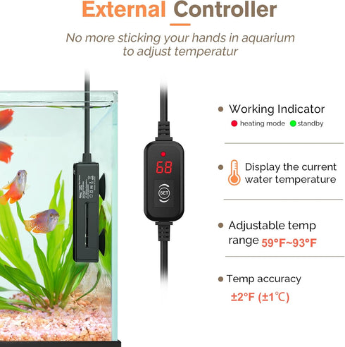 hygger Mini Fish Tank Submersible Heater, 20W for 1-5 Gallons Desktop Betta Aquarium with Digital Display Controller