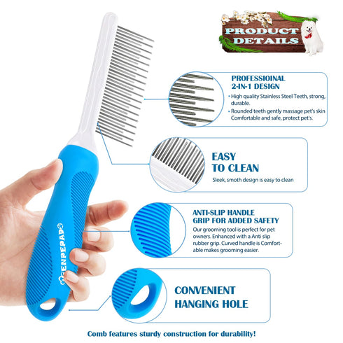 Grooming Comb for Dogs and Cats, Stainless Steel Fine Teeth for Detangling Matted Hair and Removing Loose Fur