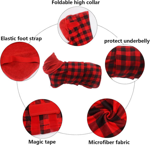Geyecete Dog Drying Coat, Microfibre Fast Drying Bathrobe Towel, Luxuriously Soft for Pets, Red Black Grid-XXL