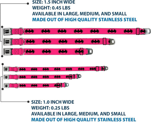 Buckle-Down Seatbelt Buckle Dog Collar - Bat Signal-3 Fuchsia/Black/Fuchsia - 1.5" Wide, Fits 16-23" Neck, Medium