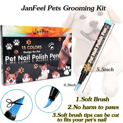 Dog Nail Polish Pens - 15 Colors Quick Dry Pet Safe Nail Polish Set for Dogs, Cats, and Small Pets