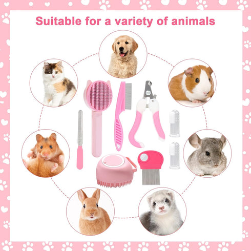 8 VCZONE Pcs Cat Brush Grooming Kits, Pet Self Cleaning Kit with Pet Nail Clipper and File, Flea Comb, Pet Shampoo Bath