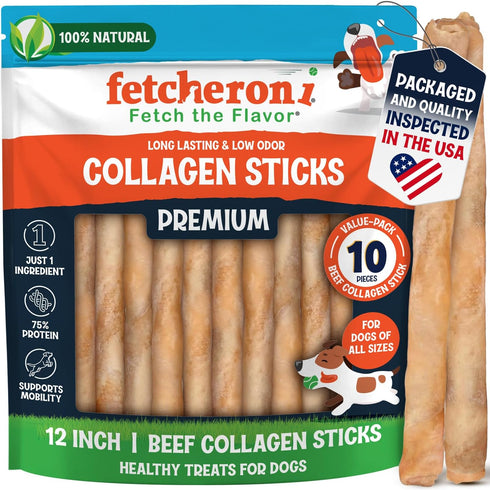12" Collagen Sticks for Dogs Low Odor Long-Lasting Bully Stick & Rawhide