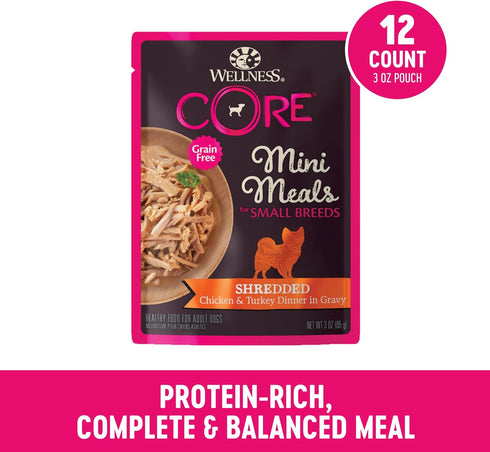 Wellness CORE Natural Grain Free Small Breed Mini Meals Wet Dog Food, Shredded Chicken & Turkey Dinner in Gravy, 3-Ounce Pouch (Pack of 12)