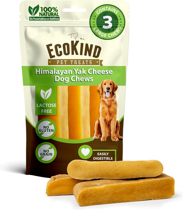 EcoKind Premium Gold Yak Cheese Dog Chews, All Natural, High Protein, Large Breed Treats for Aggressive Chewers, 3 Chews