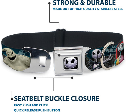 Dog Collar Seatbelt Buckle Nightmare Before Christmas 4 Character Group Cemetery Scene, 16 to 23 Inches, 1.5 Inch Wide