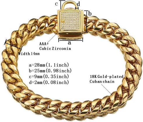 Gold Dog Chain Collar - Stainless Steel with Zirconia Lock, Heavy Duty Cuban Chain for Small Medium Large Dogs (14mm