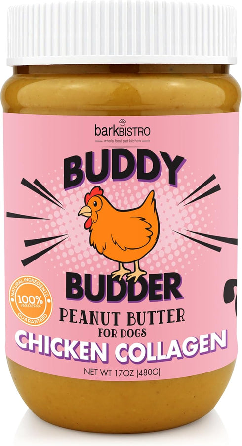 BUDDY BUDDER Bark Bistro Company Chicken Collagen, 100% Natural Peanut Butter Dog Treats, 17oz Jars