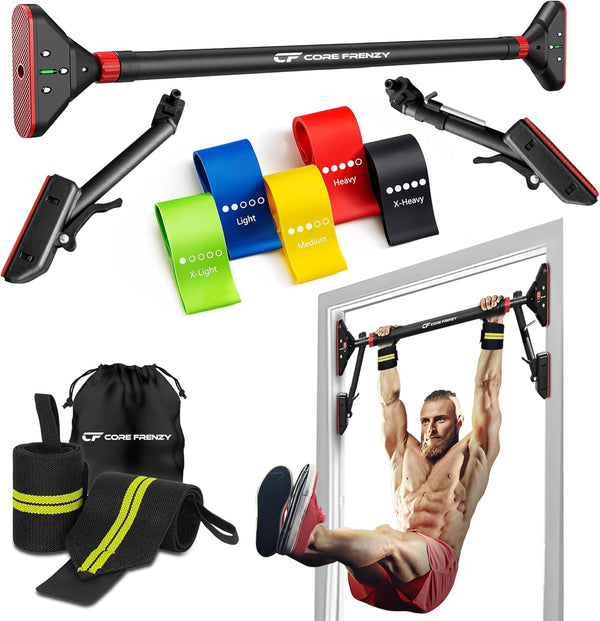 Pull Up Bar for Doorway with Resistance Bands & Wrist Wraps, Adjustable Width Chin Up Bar for Upper Body Workout