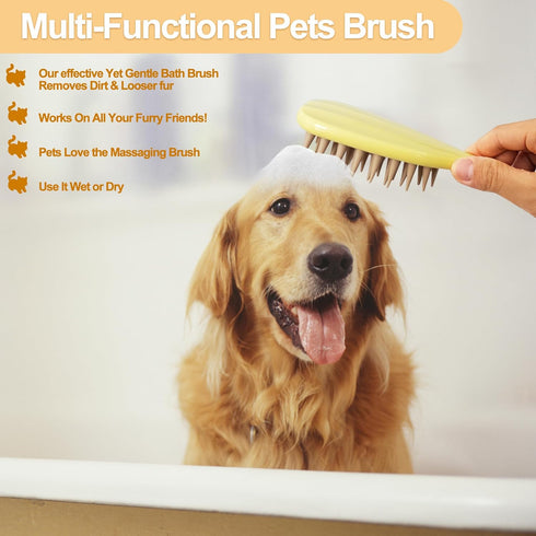 Pet Silicone Shampoo Brush for Dogs & Cats, Washing Brush with Handle for Bathing, Massaging, Hair Removal (Yellow)