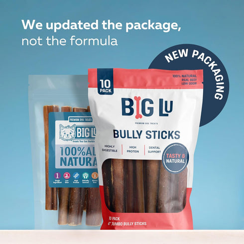 12 12 Count, 100% Big Lu - Bully Sticks, Long-Lasting, Grass-Fed Beef Chews for Medium and Large Dogs, Natural