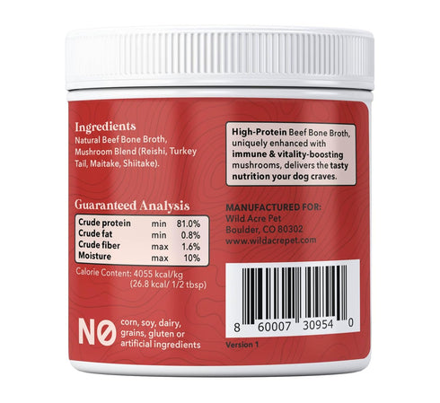 Wild Acre Premium Beef Bone Broth for Dogs – High Protein + Collagen with Mushroom Blend for Strong Bones and Immune