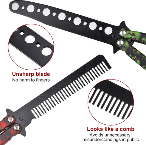 Practice Butterfly Knife Trainer, 2 Pack Steel Folding Comb, Unsharpened Blade for Beginners Training (Red & Green)