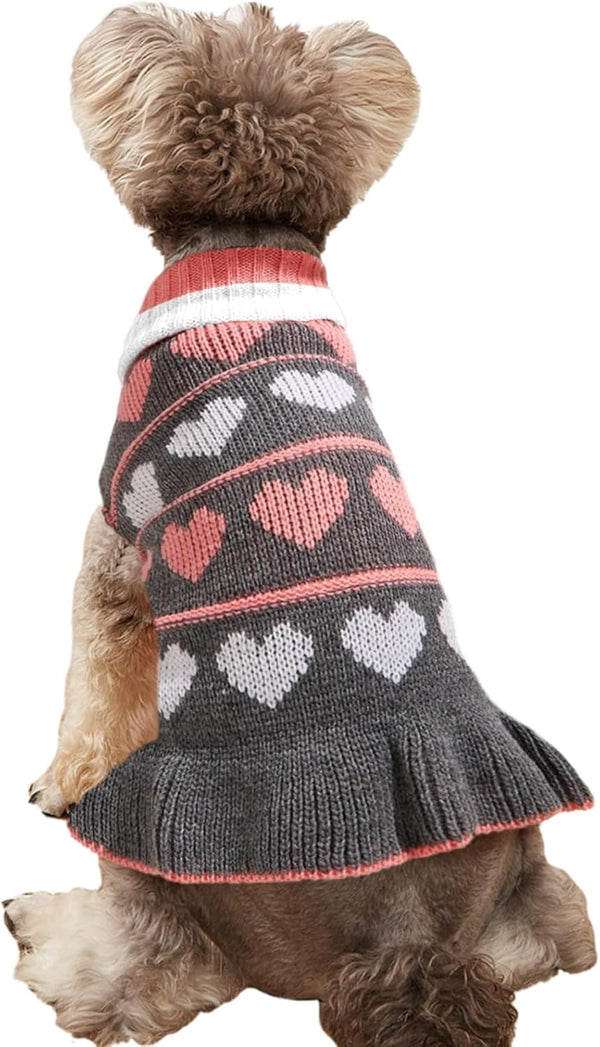 Jecikelon Pet Dog Long Sweaters Dress, Knitwear Turtleneck Pullover for Winter, Grey Heart, Small