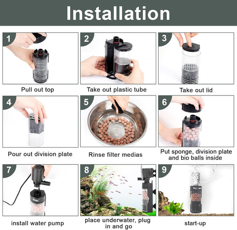 10-40 7W 100 hygger Quiet Electric Aquarium Sponge Filter Gallon Fish Tank Filter with Bio Balls Airtubing, Submersible