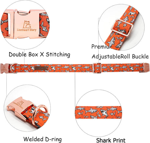 Lionheart Glory Dog Collar, Shark Print, Adjustable for Large Dogs, Girl or Boy Pet Gift