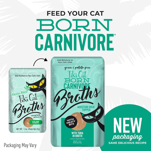 Tiki Cat Born Carnivore Broths, Tuna Recipe Hydration and Flavor Supplement Cat Food Topper, 1.3 oz. Pouch