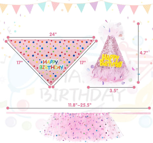 SCENEREAL Dog Birthday Bandana with Hat and Dress Girl Set, Cute Pink Tutu Skirt Outfit for Small Medium Large Dogs
