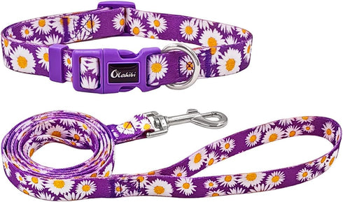 Dog Collar and Leash Set with Cute Daisy Pattern, Polyester Material, 5ft Leash for Small Dogs (Small, Purple Daisy)