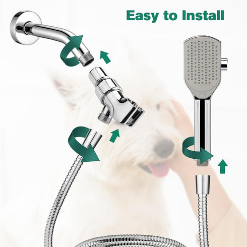 Dog Shower Attachment - Pet Washing Shower Sprayer with Stainless Steel Hose & Diverter Valve, 3-in-1 Handheld Shower