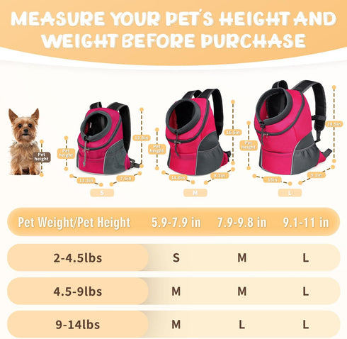 YUDODO Dog Backpack Carrier with Storage Pockets, Breathable Front Pack for Small Dogs and Cats (L(9-14lbs), Rose)