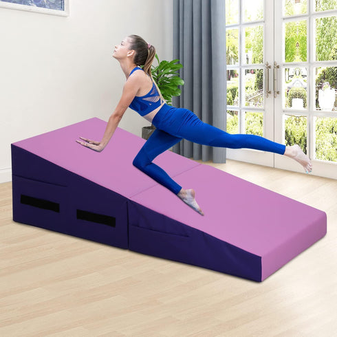 Folding Incline Gymnastics Mat for Tumbling, Folding Tumbling Mats Cheese Wedge Incline Mat with Non-Slip PU Leather